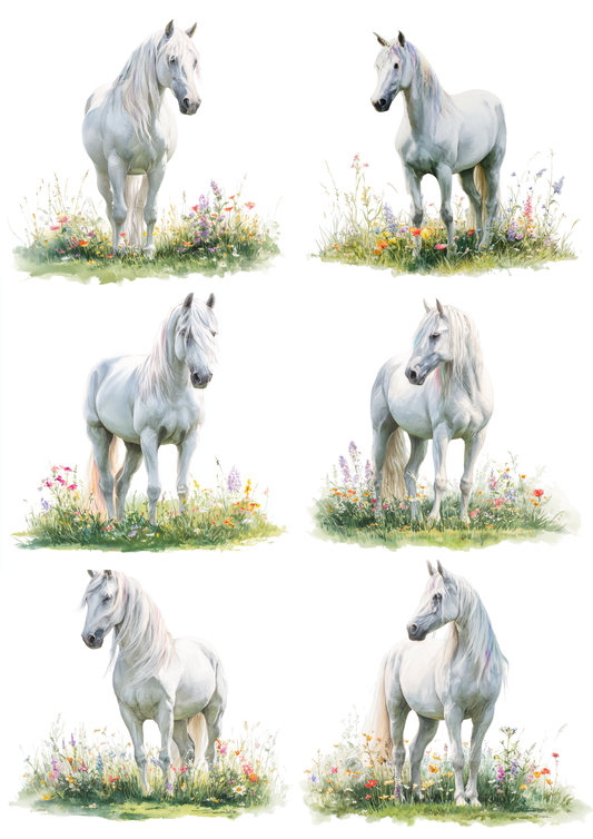 Rice Paper For Decoupage White Horse in the Meadow Collage Cat. No. 5655