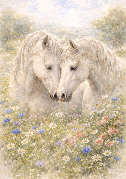Rice Paper For Decoupage A Pair of Horses in a Meadow Full of Cat. No. 5696