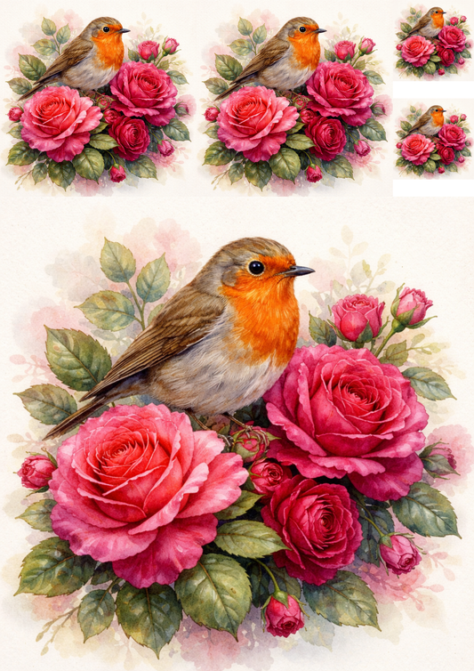 Rice Paper For Decoupage Red Robin On Roses Collage Cat. No. 5737