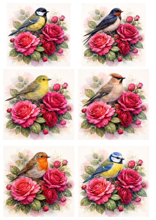 Rice Paper For Decoupage Various Birds On Roses Collage Cat. No. 5743