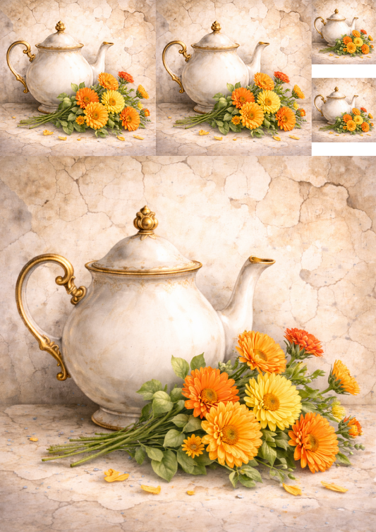 Rice Paper for Decoupage Tea Set in Flowers Collage Cat. No. 5764