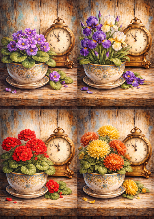 Rice Paper For Decoupage Clock And Flowers Collage Cat. No. 5779