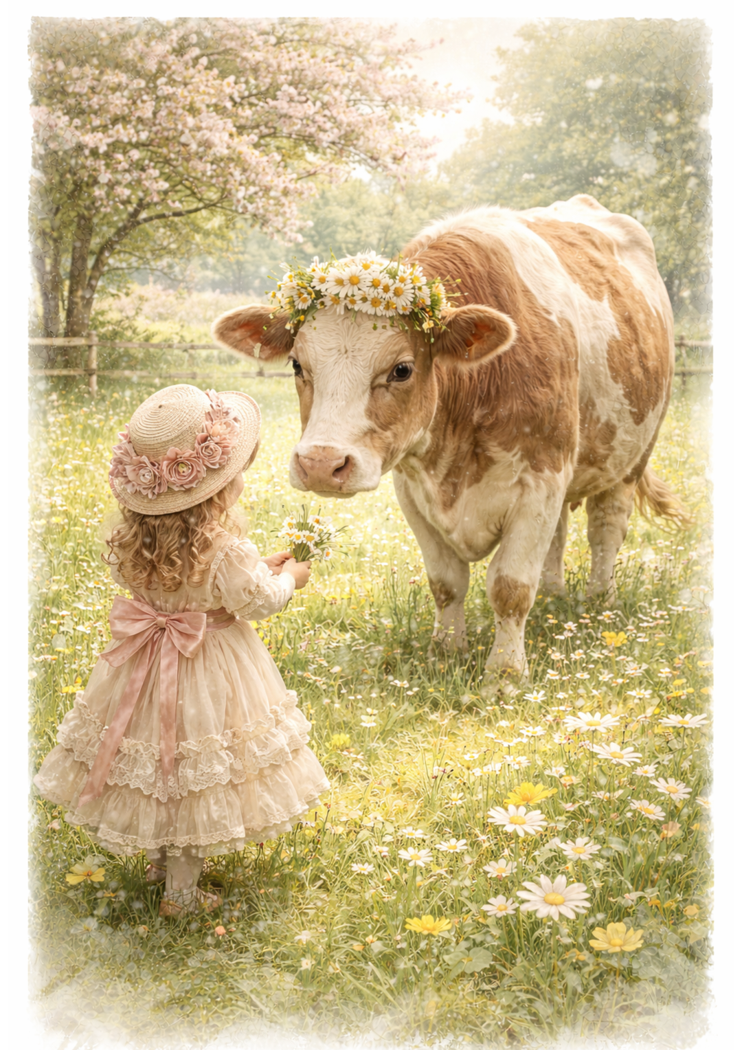Rice Paper For Decoupage Girl Feeding Cow In A Meadow Full Of Cat. No. 8406
