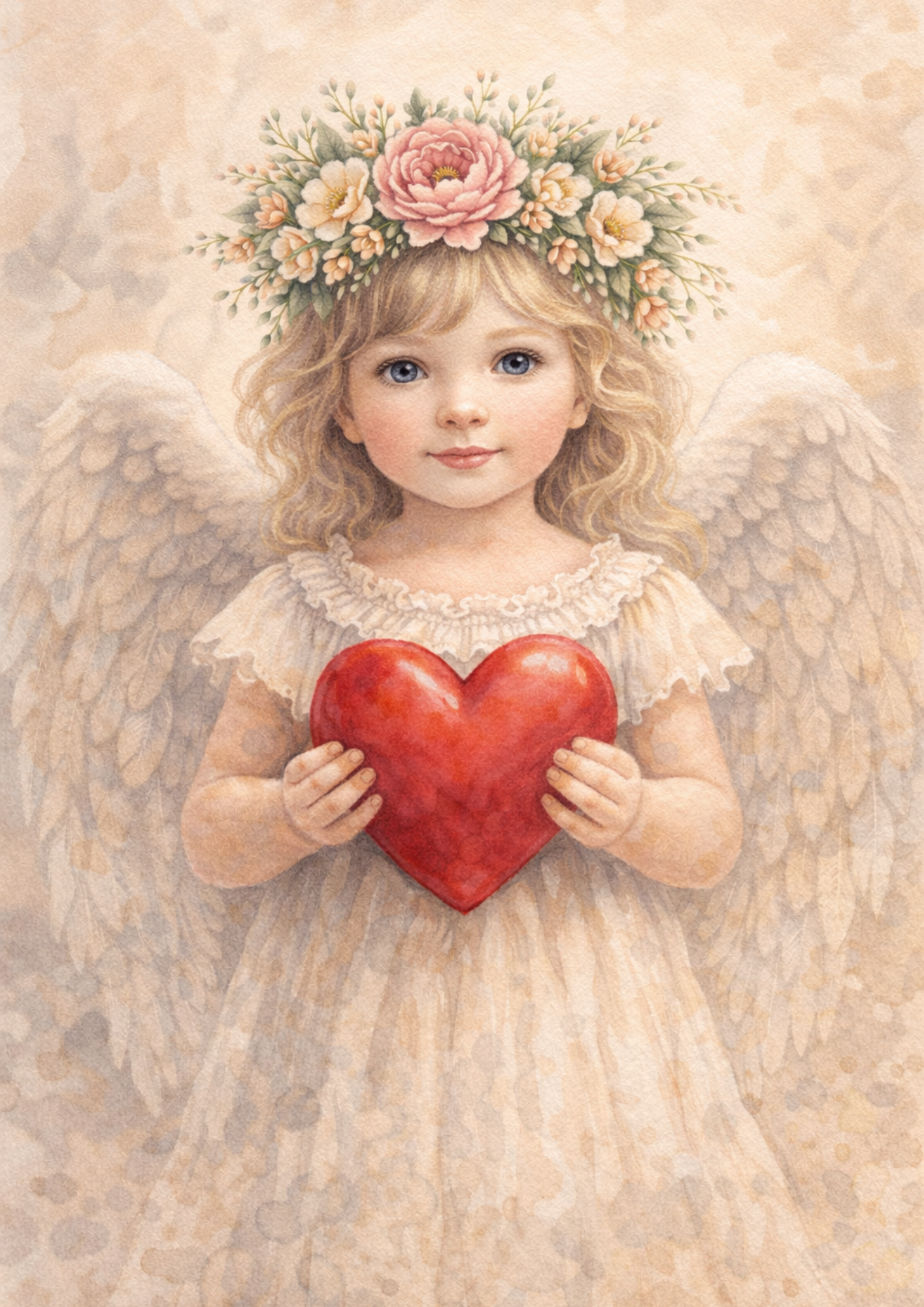 Rice Paper For Decoupage Angel in a Wreath Holding a Heart Full of Cat. No. 8415