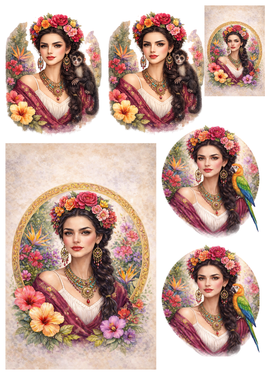 Rice Paper For Decoupage Exotic Woman in a Wreath Collage Cat. No. No. 8479