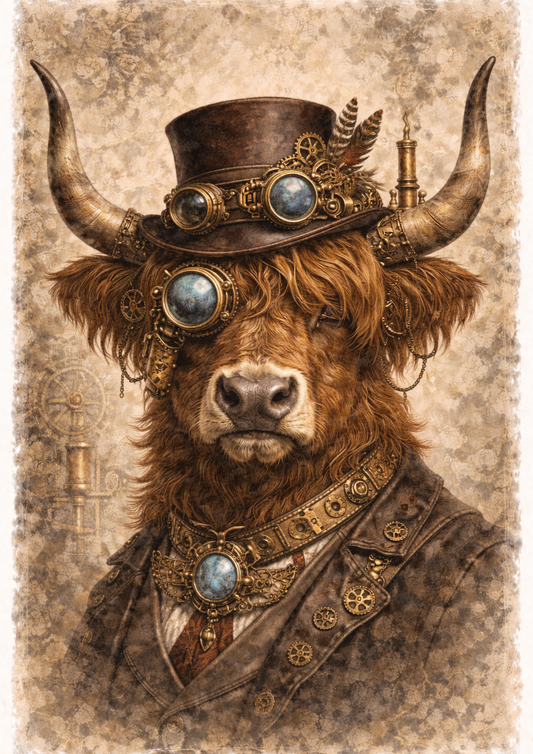 Rice Paper Decoupage Highland Cow in a Hat Steampunk Style Full Cat. No. 8497