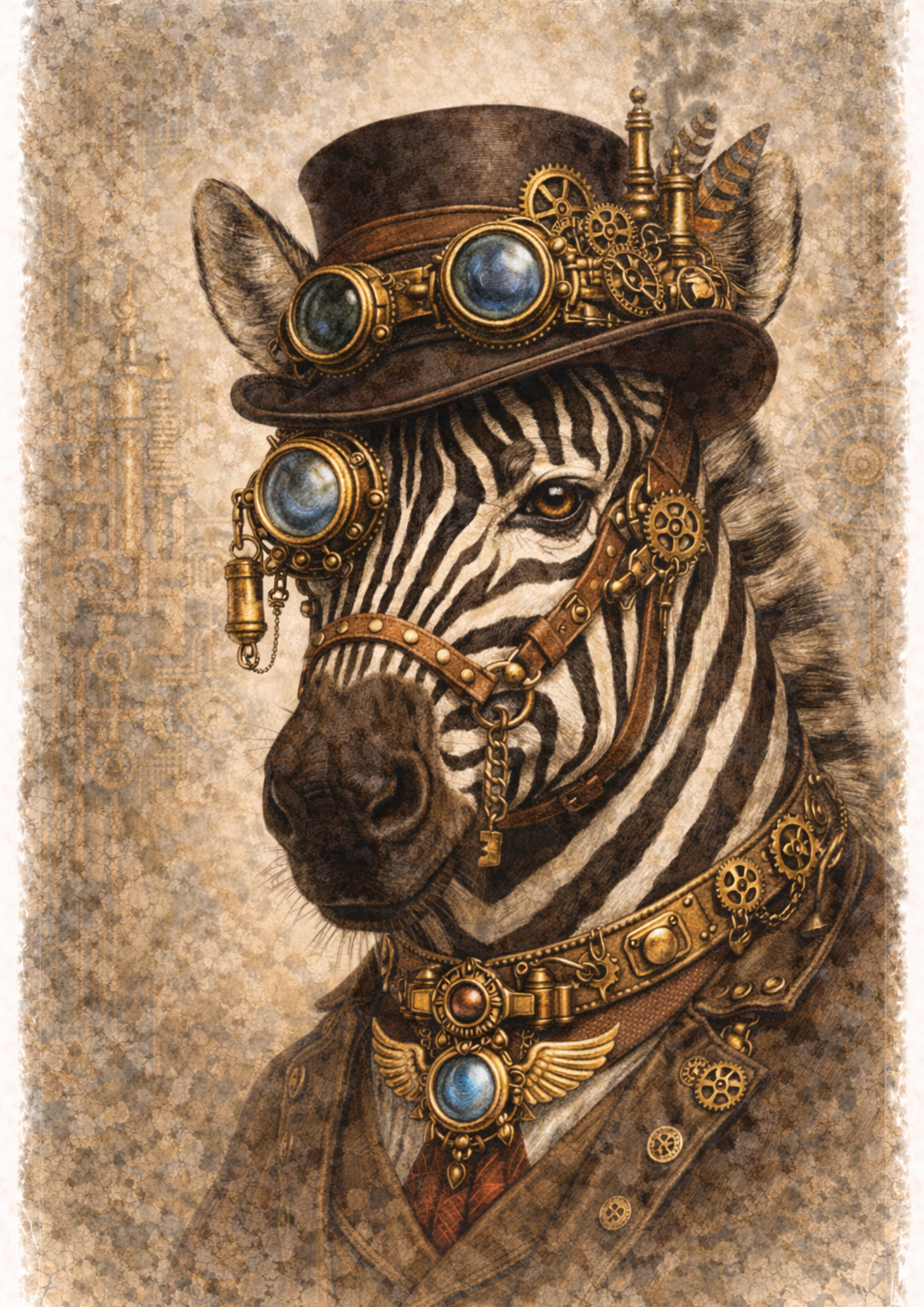 Rice Paper Decoupage Zebra in a Hat Steampunk Style Full Cat. No. 8499