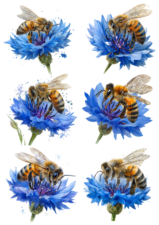 Rice Paper for Decoupage Bee on Blue Flower Collage Cat. No. 8532