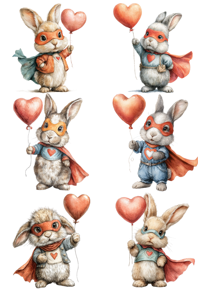 Rice Paper For Decoupage Rabbit Super Hero With Heart Collage Cat. No. 8540