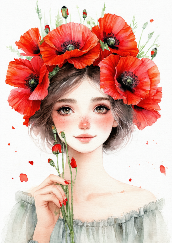 Rice Paper For Decoupage Girl with Poppies Full Cat. No. 8557