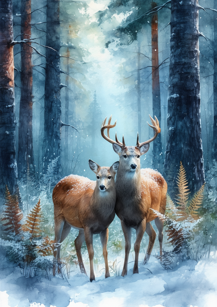 Rice Paper For Decoupage A Pair of Deers in the Snow Cat. No. 8583