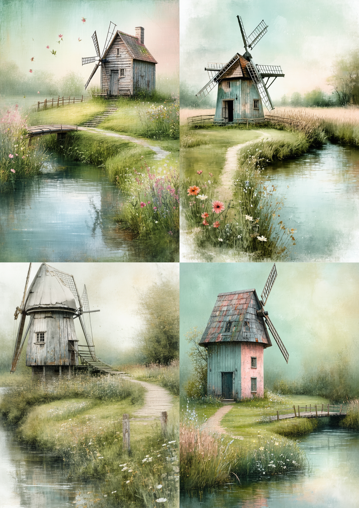 Rice Paper For Decoupage Old Windmill Collage Cat. No. 8649