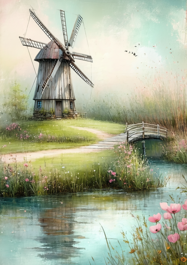 Rice Paper For Decoupage Old Windmill Landscape Full Cat. No. 8650
