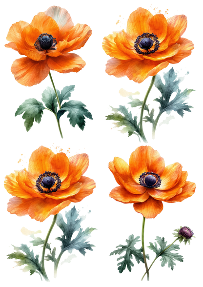 Rice Paper For Decoupage Watercolor Orange Anemone Collage Cat. No. 8741