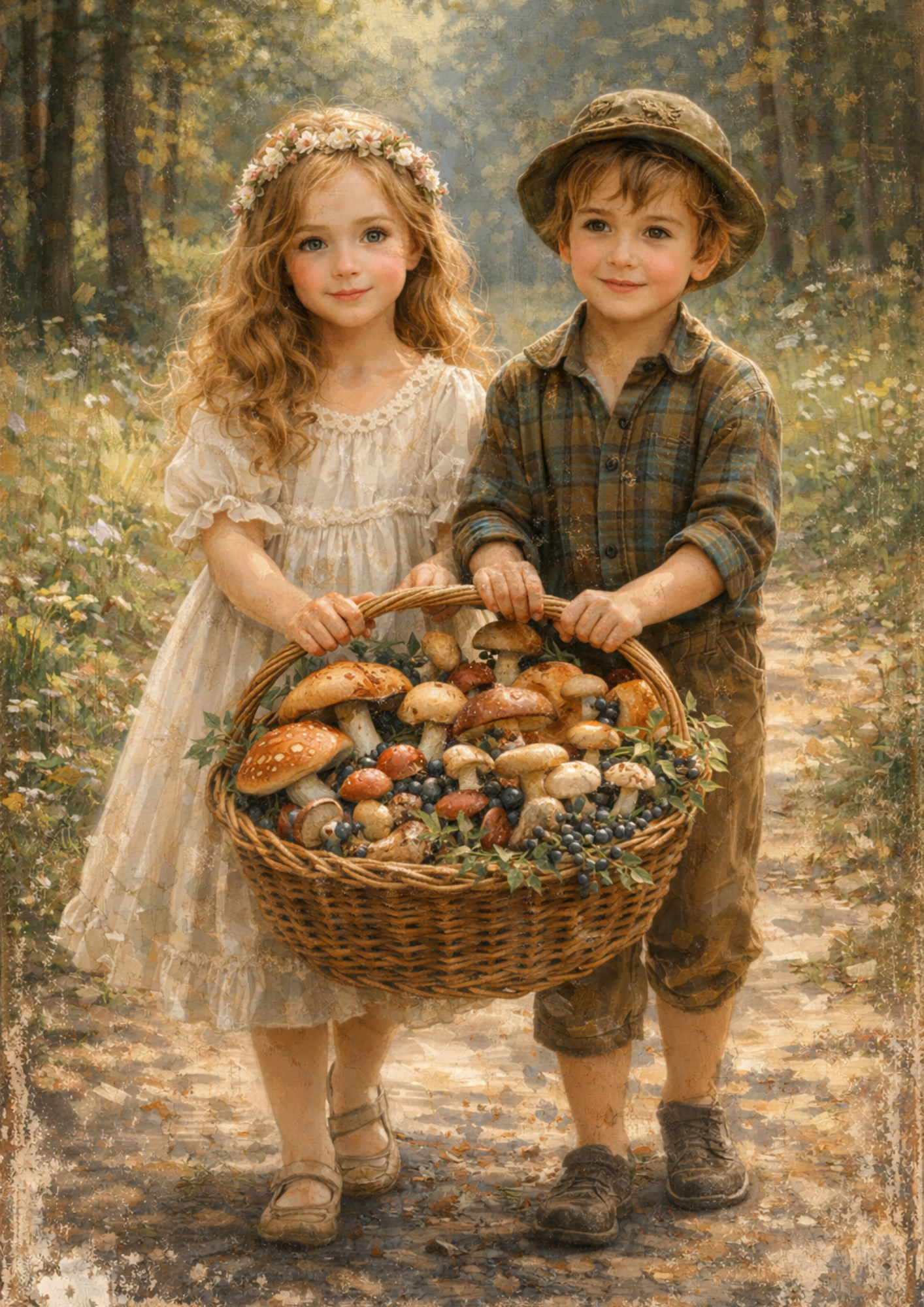 Rice Paper For Decoupage  Children with Basket of Mushrooms Full Cat. No. 8746