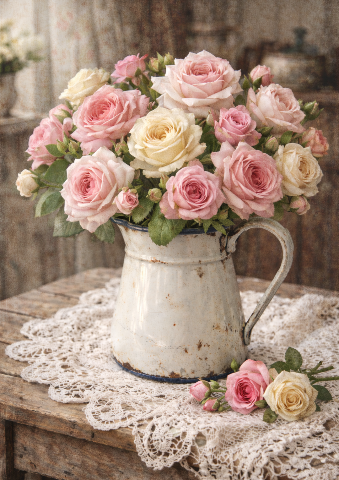 Rice Paper For Decoupage Pink Roses in Enemal Jug Full Cat. No. 8781