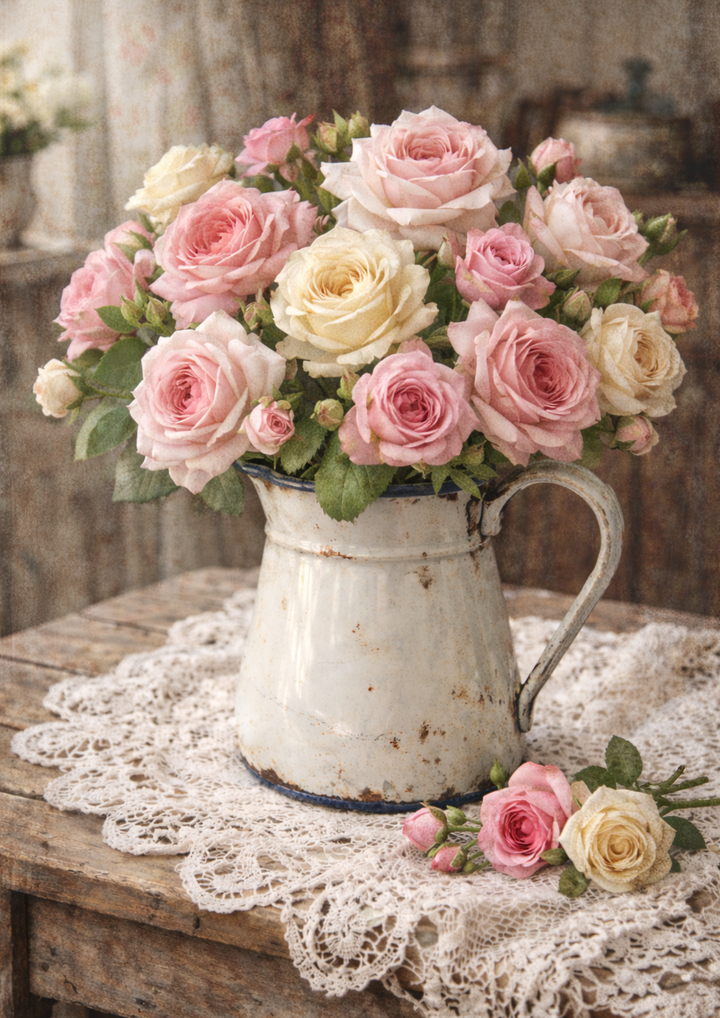 Rice Paper For Decoupage Pink Roses in Enemal Jug Full Cat. No. 8781