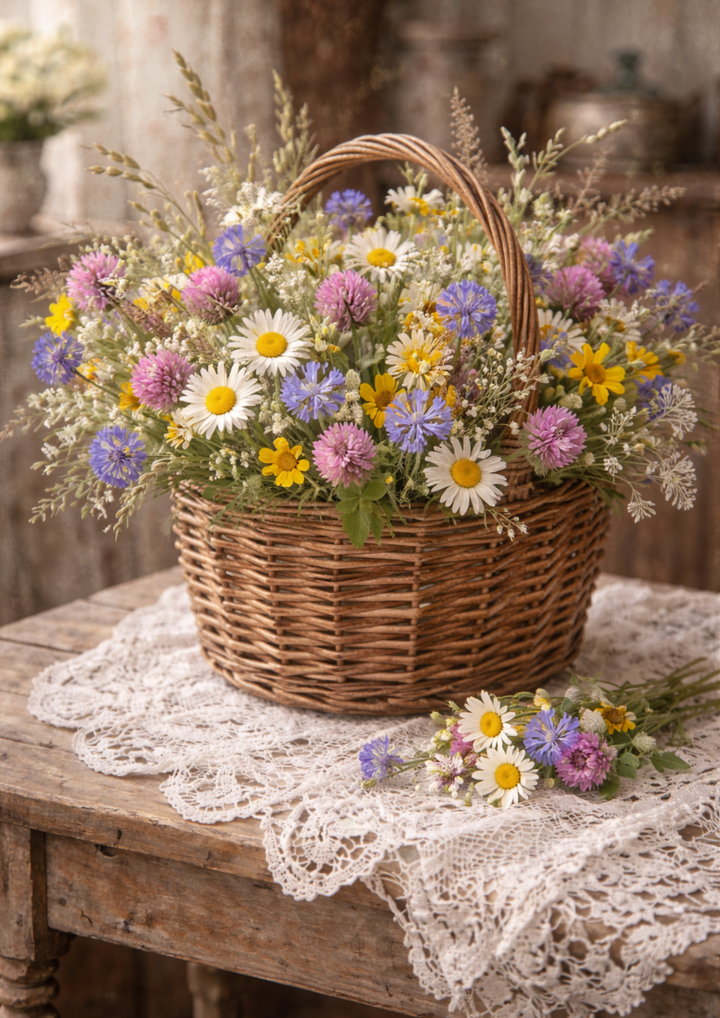 Rice Paper For Decoupage Meadow Flowers in Basket Full Cat. No. 8783