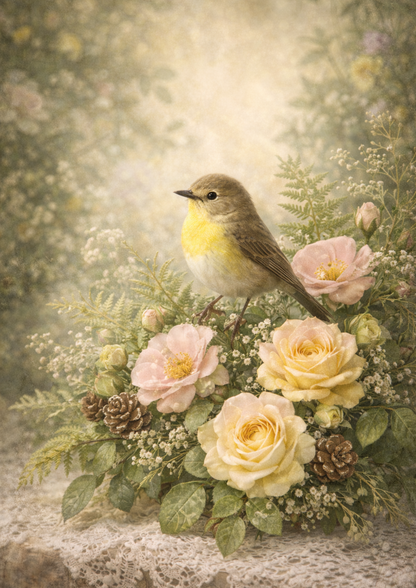 Rice Paper For Decoupage Bird in Roses Wreath Full Cat. No. 8786