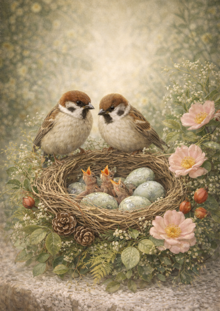 Rice Paper For Decoupage Sparrows in the Nest Full Cat. No. 8788