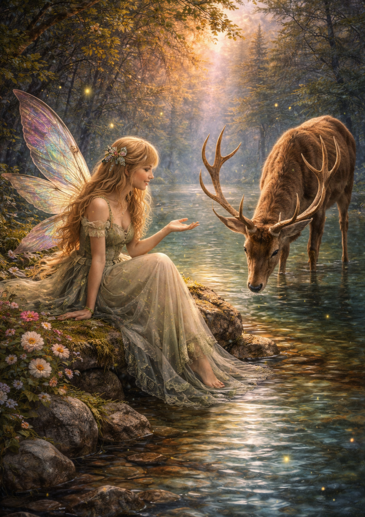 Rice Paper For Decoupage Beautiful Fairy & Deer Scene Collage Cat. No. 8799