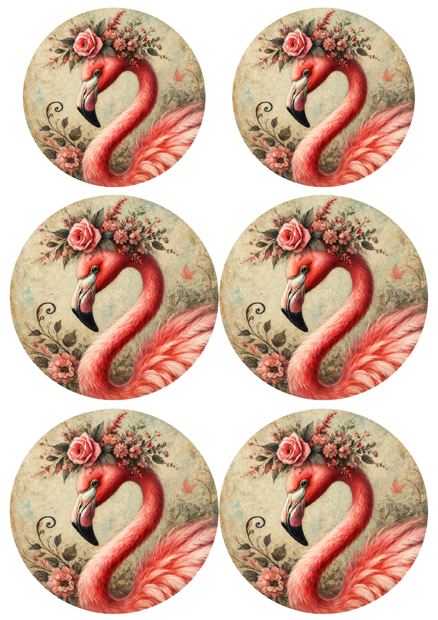 Rice Paper For Decoupage  Pink Flamingo in Circles Collage Cat. No. 8802
