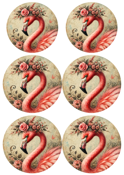 Rice Paper For Decoupage  Pink Flamingo in Circles Collage Cat. No. 8802