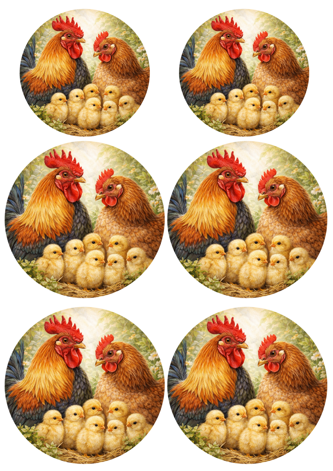 Rice Paper For Decoupage  Rooster Family in Circle Collage Cat. No. 8806