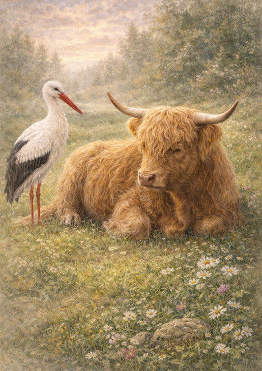 Rice Paper For Decoupage Highland Cow & Stork Scene Full  Cat. No. 8881