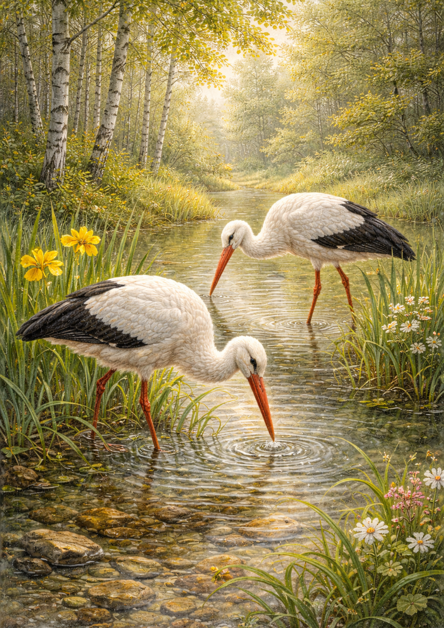 Rice Paper For Decoupage Storks in Nature Scene Collage  Cat. No. 8885