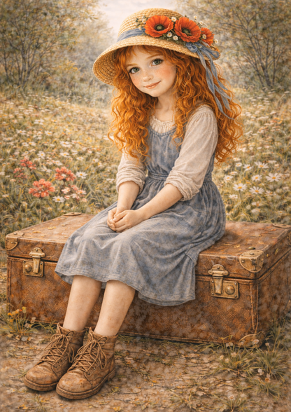 Rice Paper For Decoupage Girl Sitting on the Suitcase Scene Full Cat. No. 8898