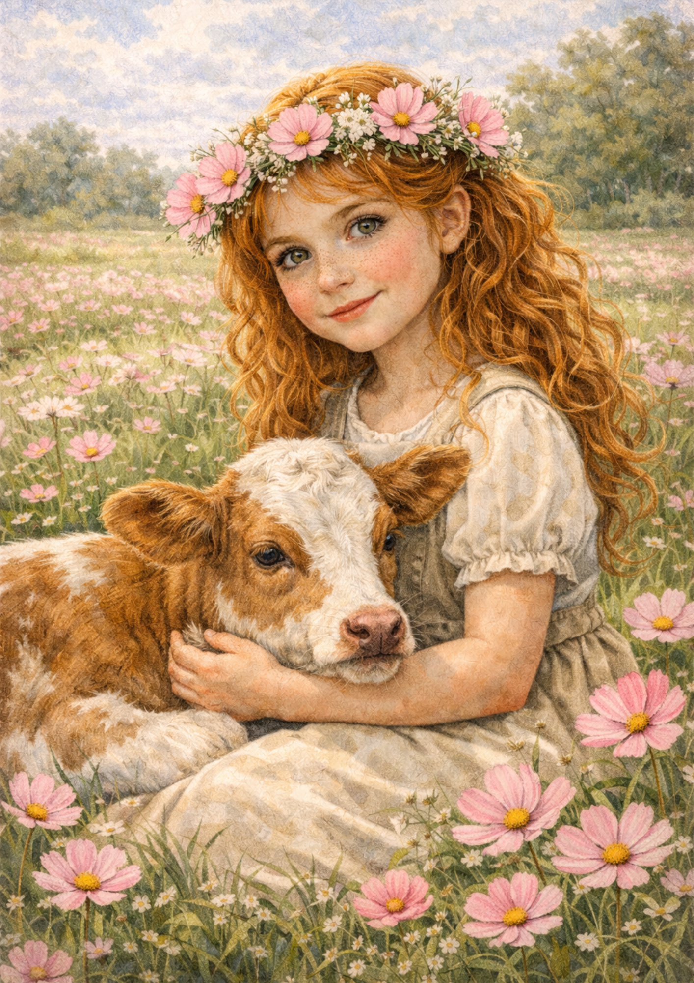 Rice Paper For Decoupage  Girl with Calf on the Meadow Full Cat. No. 8909