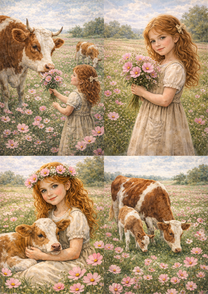 Rice Paper For Decoupage  Girl with Calf on the Meadow Collage Cat. No. 8910