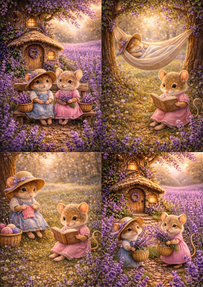 Rice Paper For Decoupage Mice and Lavender Field Collage Cat. No. 8955
