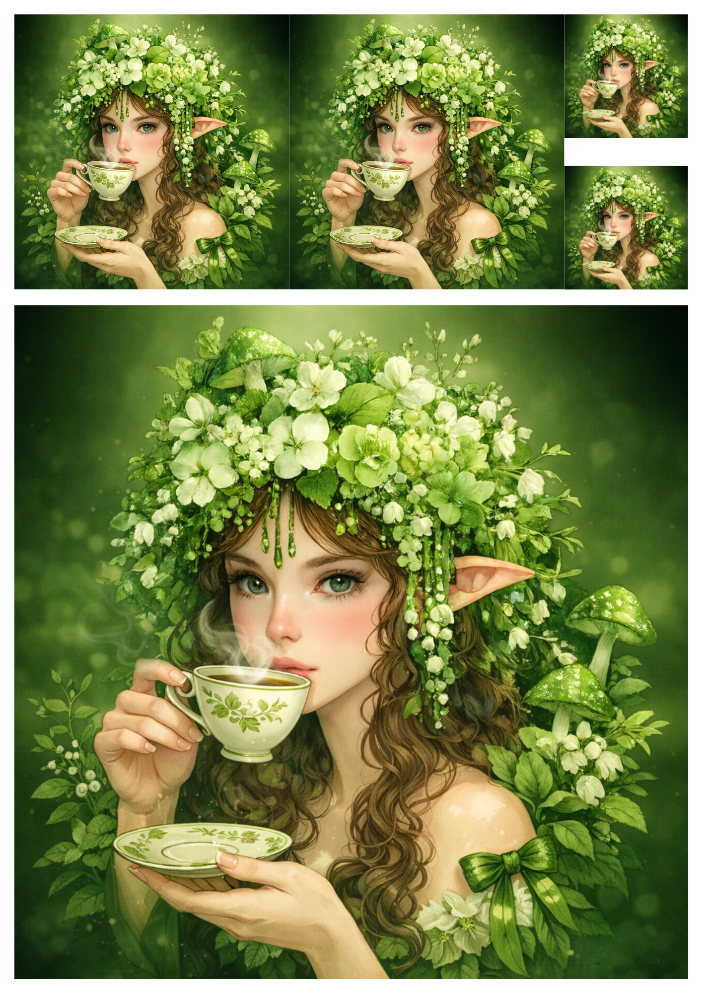 Rice Paper For Decoupage Green Leaves Fairy Collage Cat. No. 9002
