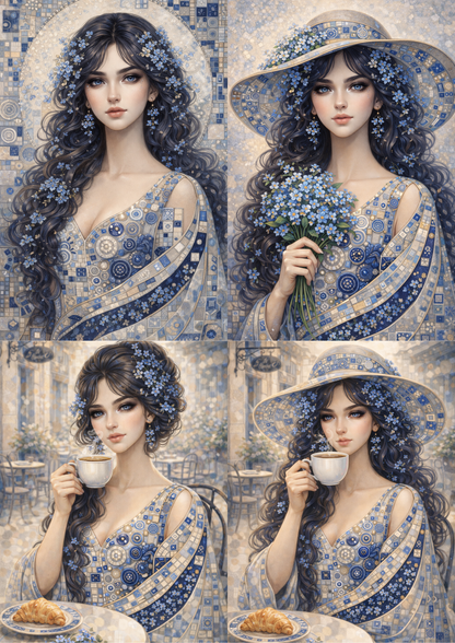 Rice Paper For Decoupage Beautiful Lady in Klimt Style Blue Portrait Collage Cat. No. 9014