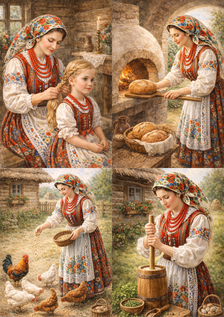 Rice Paper For Decoupage Country Housewife &amp; Doughter in Traditional Krakow Folk Costume Collage Cat. No.4042