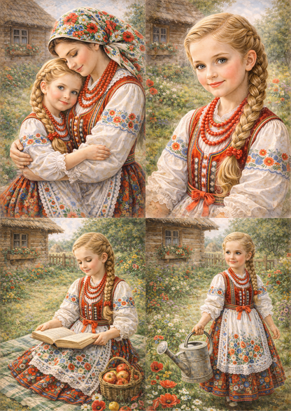 Rice Paper For Decoupage Country Mother & Doughter in Traditional Krakow Folk Costume Collage Cat. No.9047