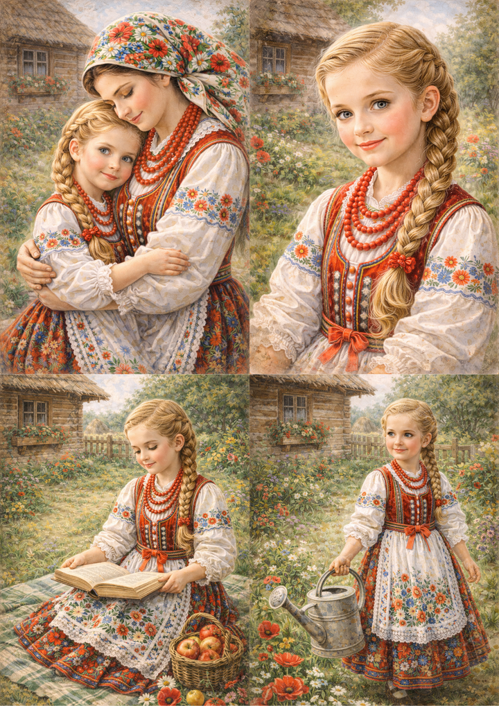 Rice Paper For Decoupage Country Mother &amp; Doughter in Traditional Krakow Folk Costume Collage Cat. No.9047