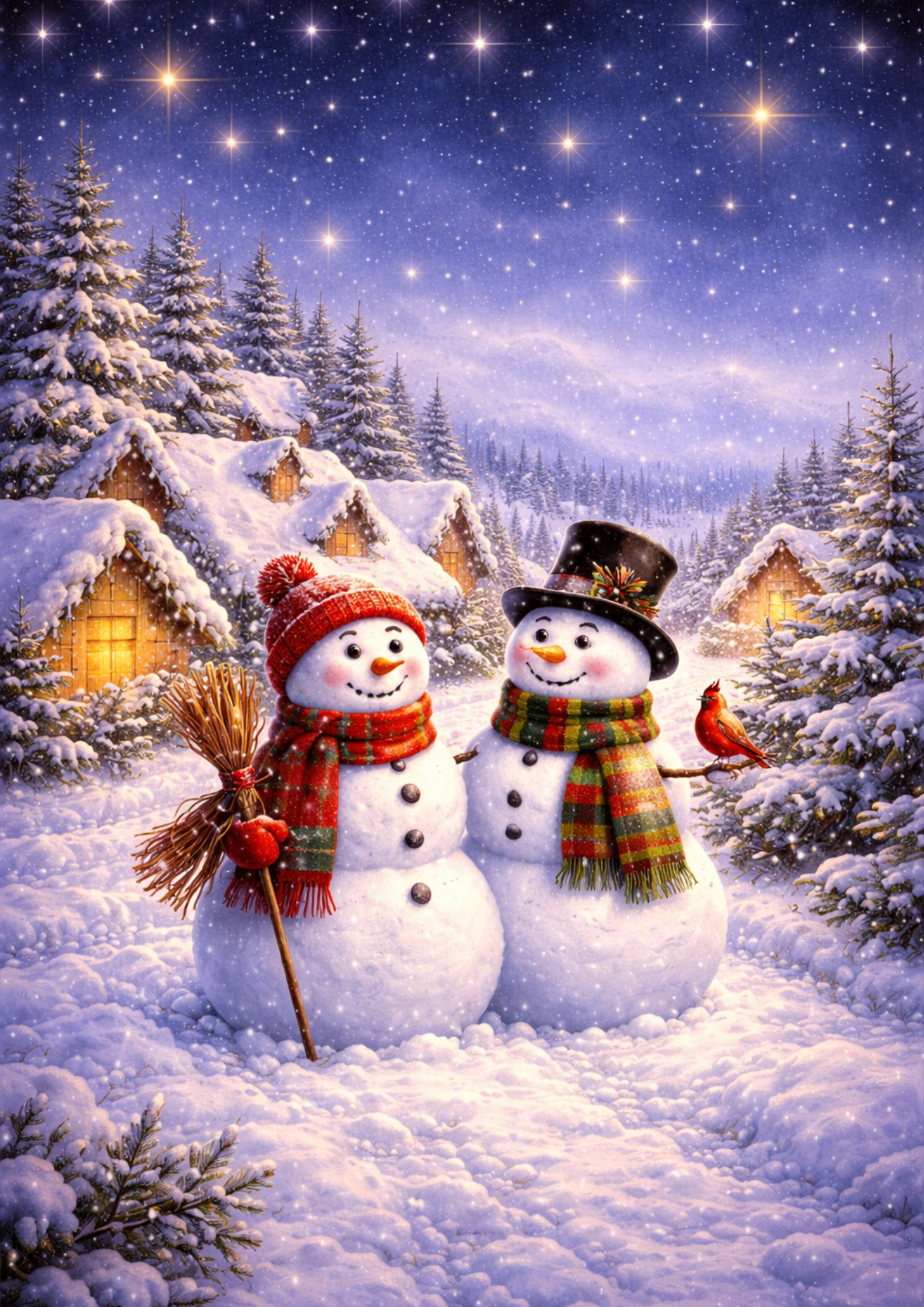 Rice Paper For Decoupage Two Snowmen in Winter Village  Full Cat. No.9061