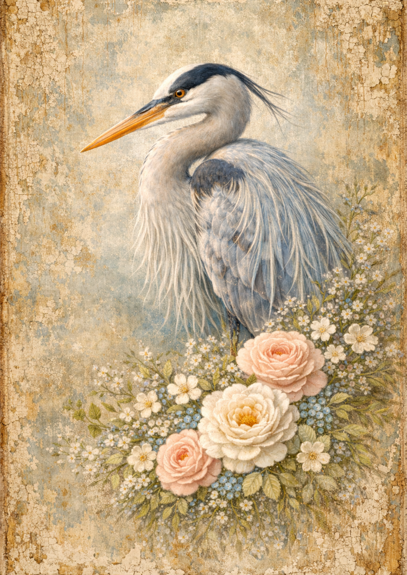 Rice Paper For Decoupage Blue Heron in Shabby Chic Style Full  Cat. No.9087