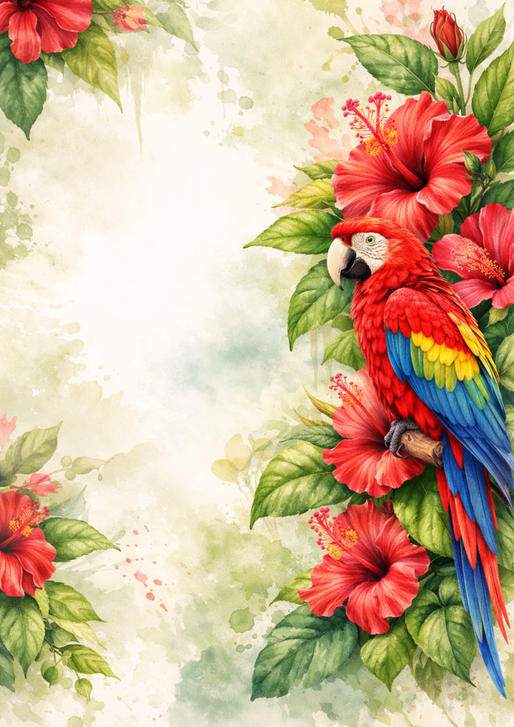 Rice Paper For Decoupage Parrot &amp; Red Hibiscus Flower  Full  Cat. No.9104