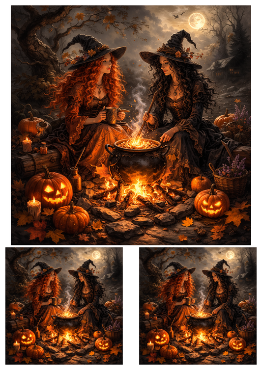 Rice Paper For Decoupage Halloween Witches & Fire Collage Cat. No.9108