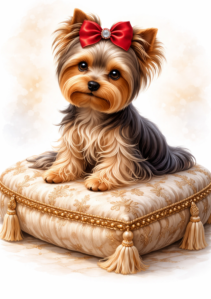Rice Paper For Decoupage Yorkshire Terrier  Sitting on a Cushion Full Cat. No.9126