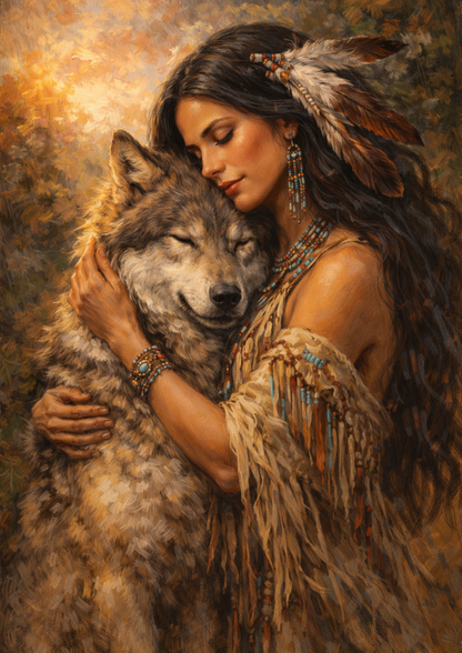 Rice Paper For Decoupage Native American Woman & Wolf Full Cat. No.9273