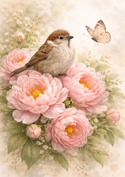 Rice Paper For Decoupage Little Sparrow on Peonies Full Cat. No.9240