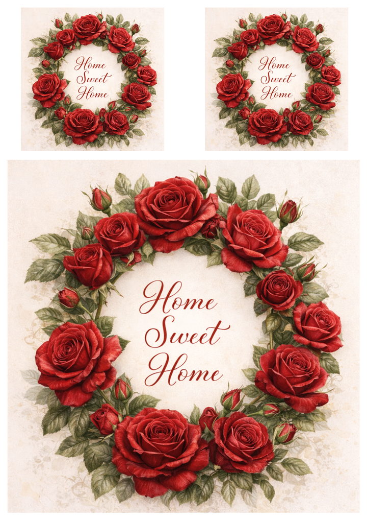 Rice Paper For Decoupage Red Rose Wreath with Home Sweet Home Sentence Collage Cat. No.9255