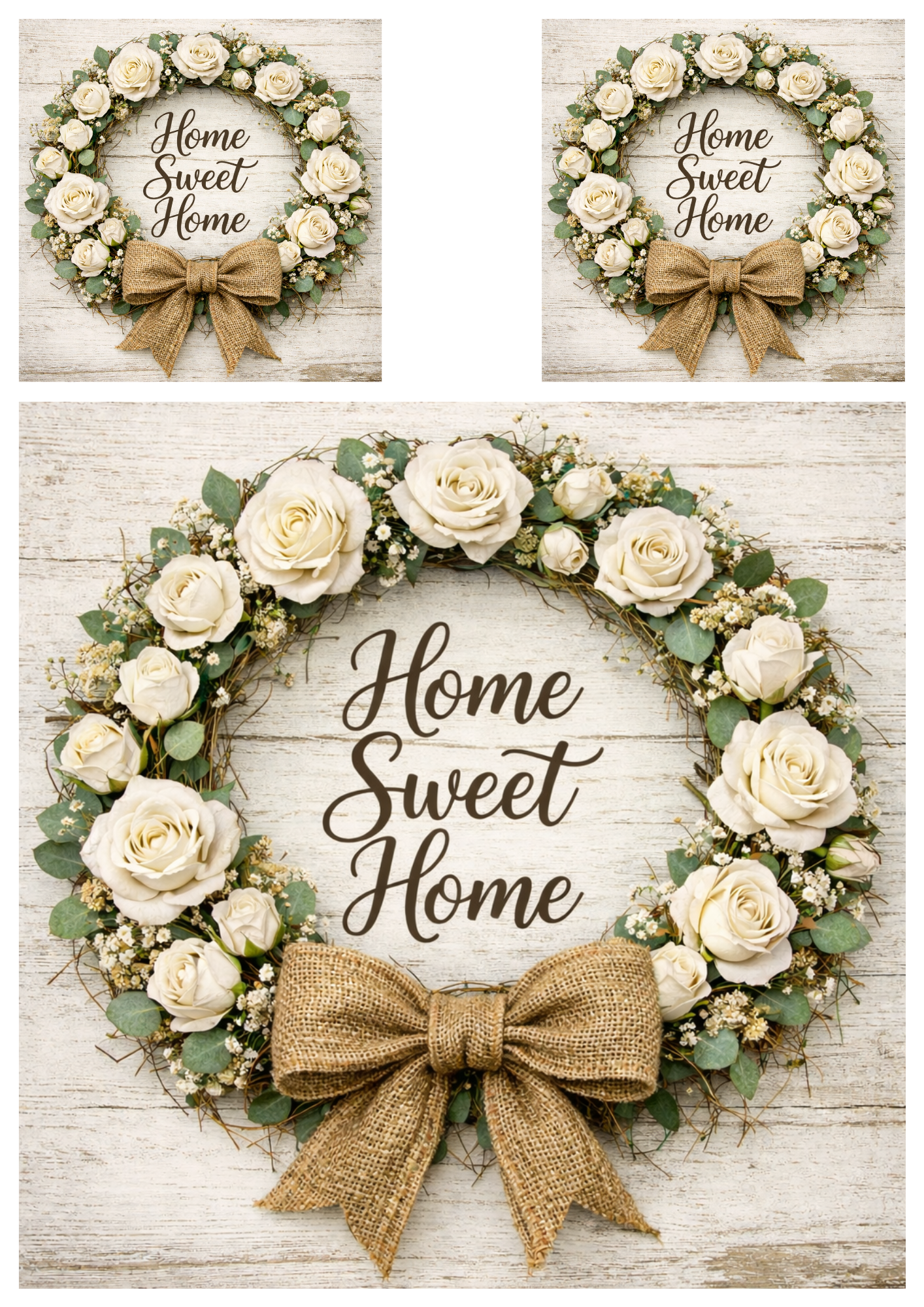 Rice Paper For Decoupage  White Roses Wreath in Rustic Style Collage Cat. No.9257