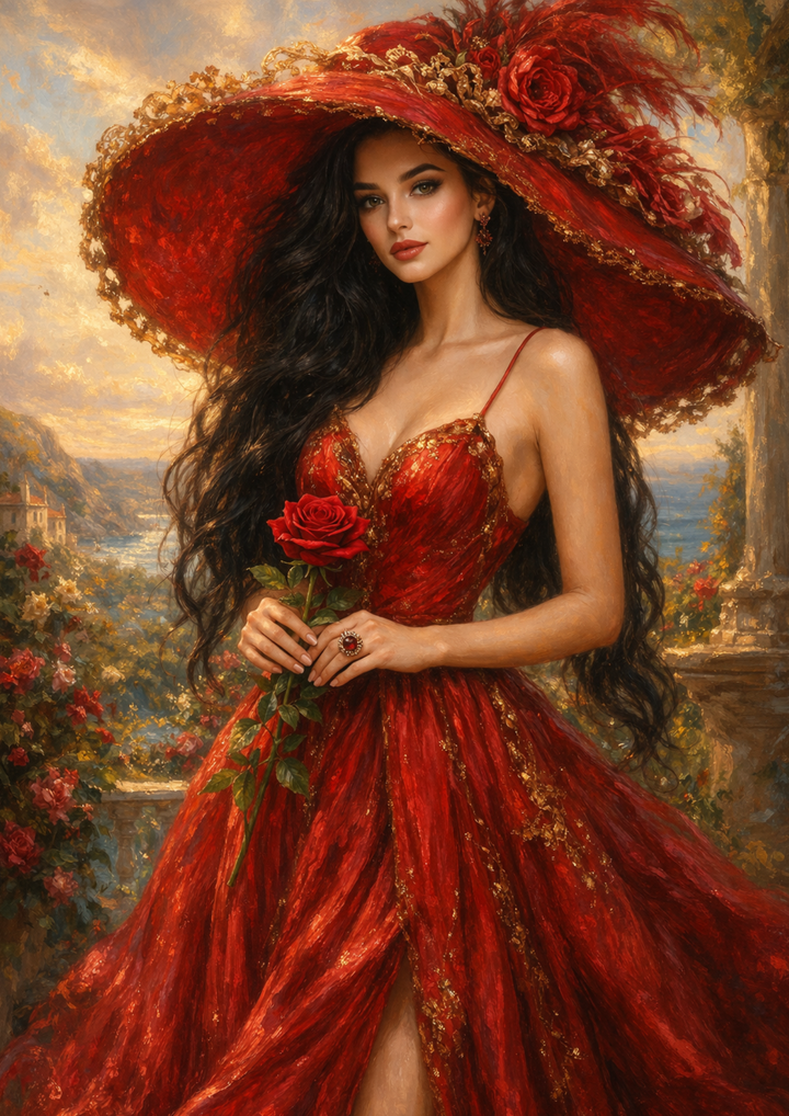 Rice Paper For Decoupage Elegance Woman in Red Dress &amp; Hat Full Cat. No.9262