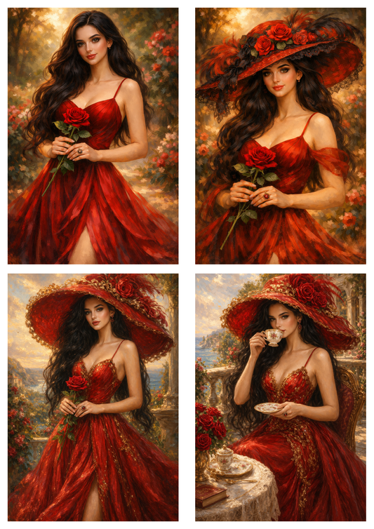 Rice Paper For Decoupage Beautiful Woman in Red Dress Collage Cat. No.9265